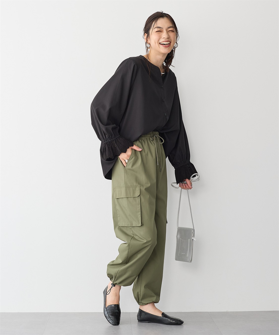 anyfee 【anyfee/プラスサイズ】袖口レースノーカラーブラウス_sub_2