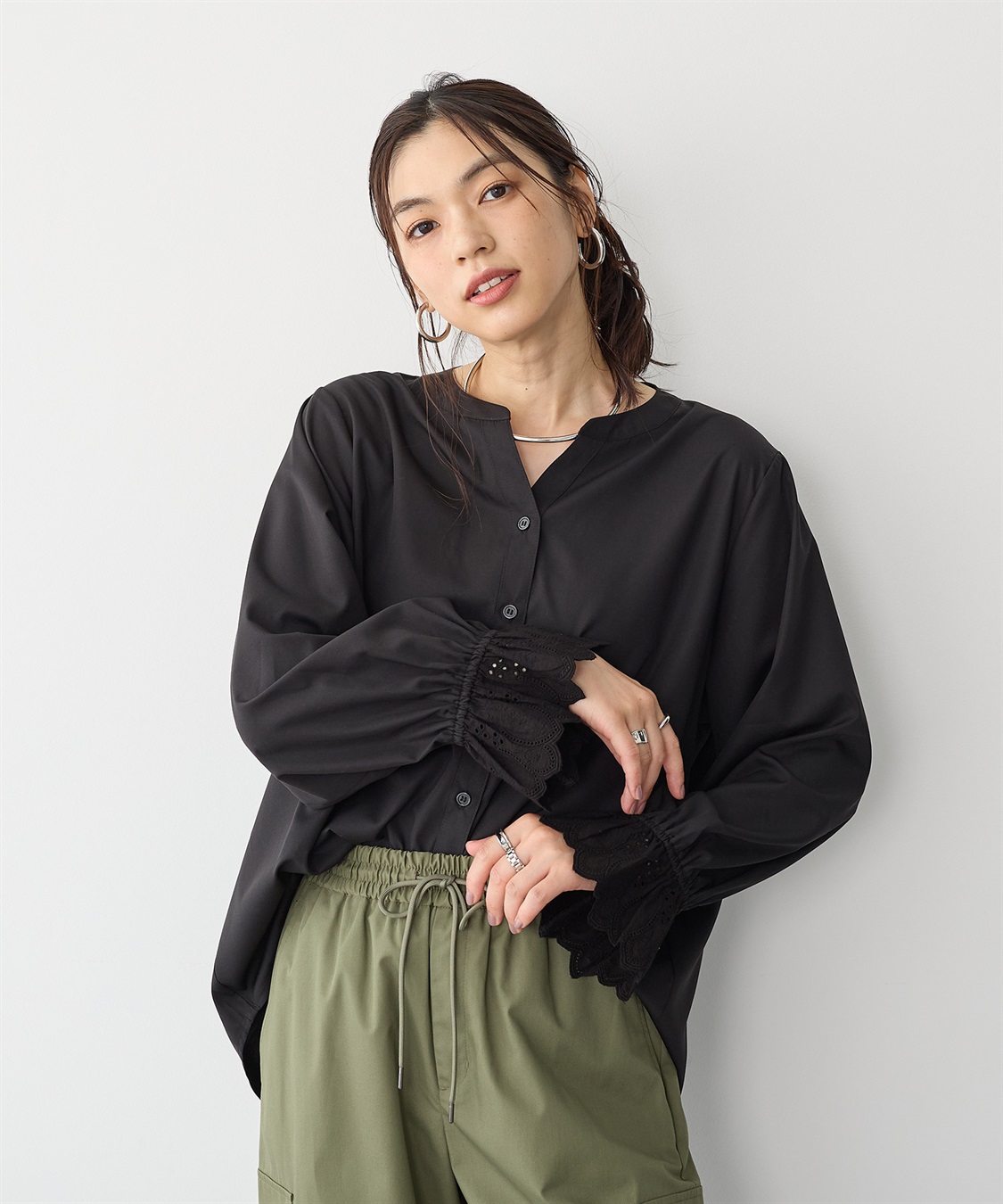 anyfee 【anyfee/プラスサイズ】袖口レースノーカラーブラウス_sub_3