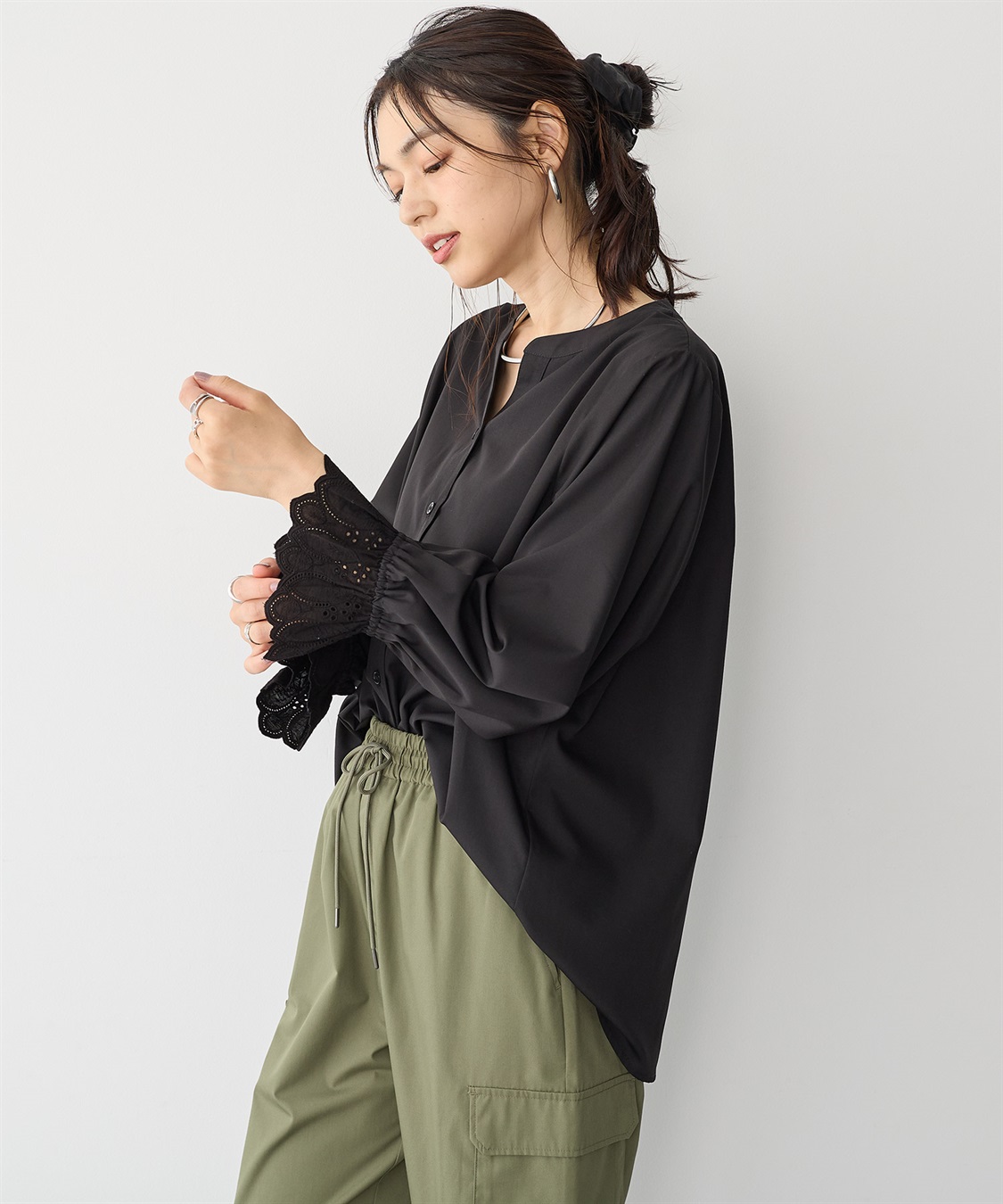 anyfee 【anyfee/プラスサイズ】袖口レースノーカラーブラウス_sub_4