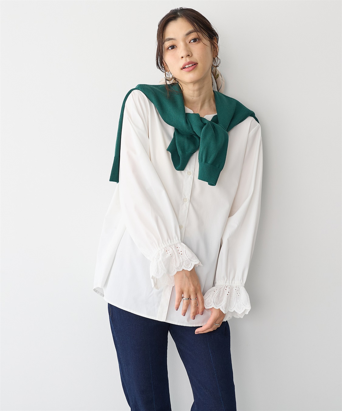 anyfee 【anyfee/プラスサイズ】袖口レースノーカラーブラウス_sub_6