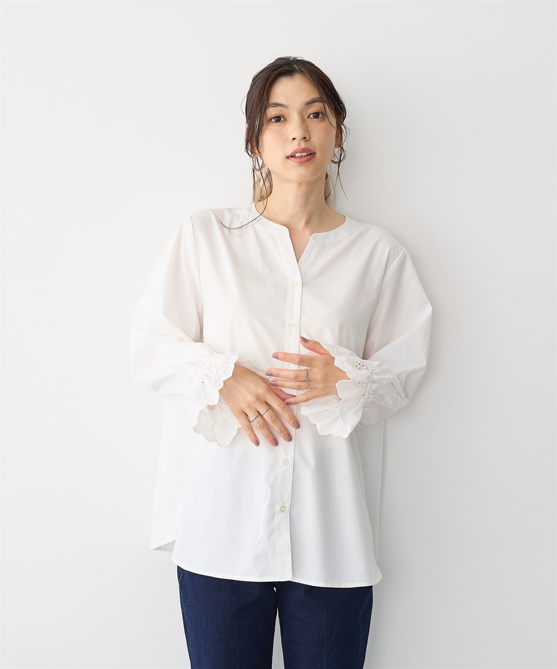 anyfee 【anyfee/プラスサイズ】袖口レースノーカラーブラウス_sub_8