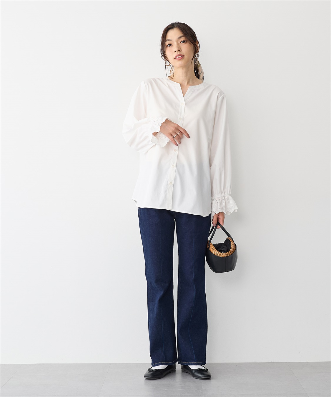anyfee 【anyfee/プラスサイズ】袖口レースノーカラーブラウス_sub_9