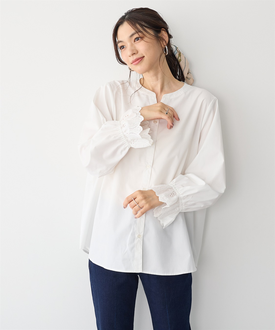 anyfee 【anyfee/プラスサイズ】袖口レースノーカラーブラウス_sub_12