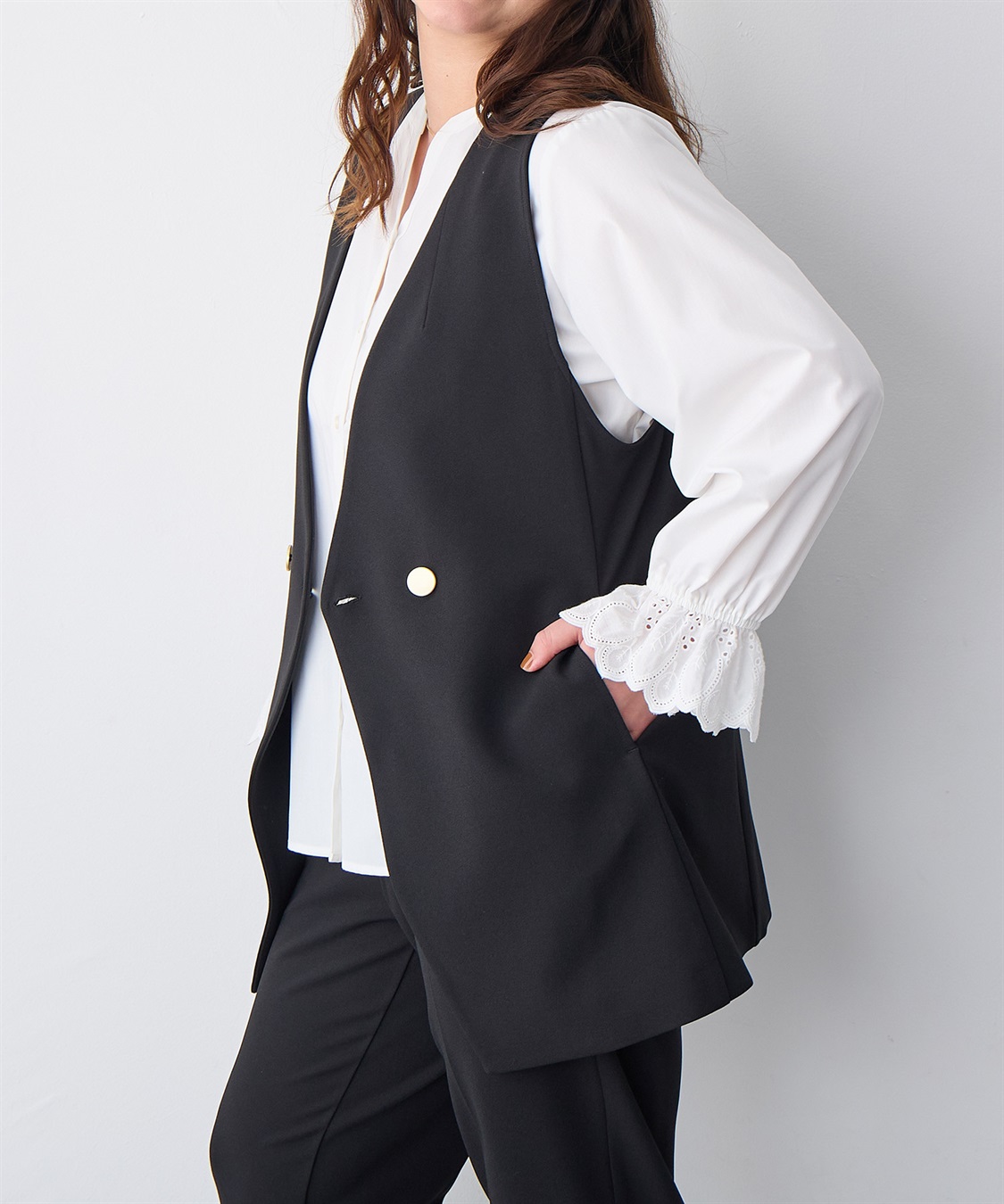 anyfee 【anyfee/プラスサイズ】袖口レースノーカラーブラウス_sub_20