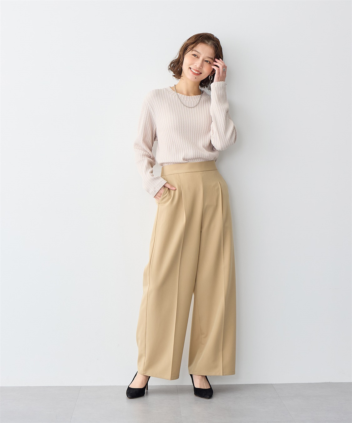 anyfee 【anyfee/プラスサイズ】ツイルタックワイドパンツ《接触冷感/ストレッチ》_sub_3