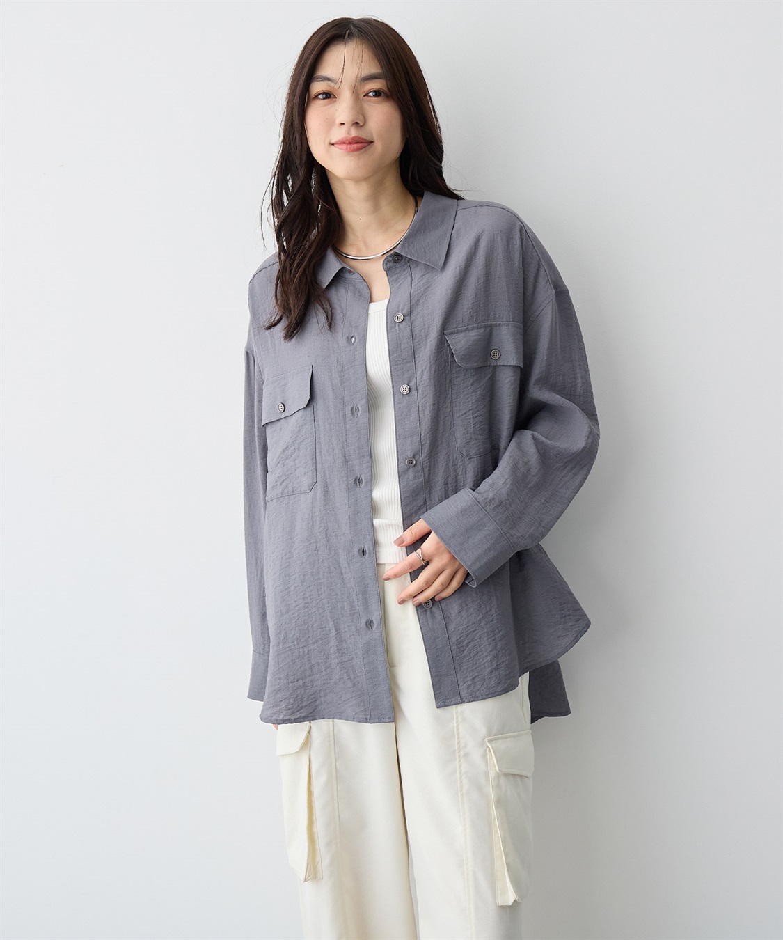 anyfee 【anyfee/プラスサイズ】リネン調ダブルポケットシャツ《接触冷感》■リネンライクシリーズ■_sub_4