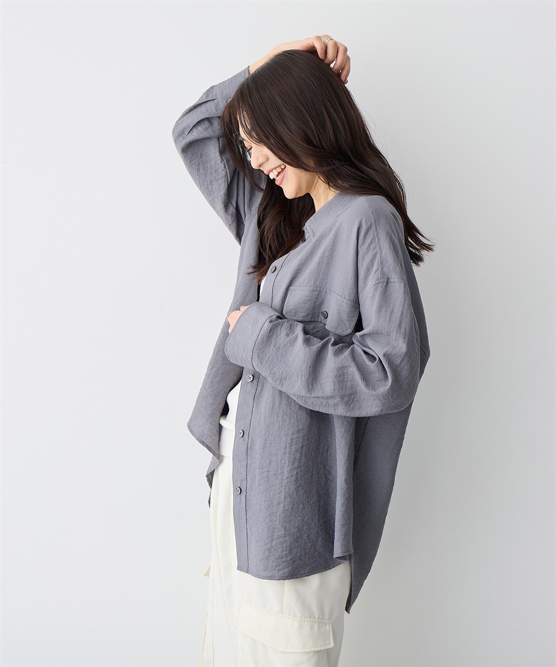 anyfee 【anyfee/プラスサイズ】リネン調ダブルポケットシャツ《接触冷感》■リネンライクシリーズ■_sub_5