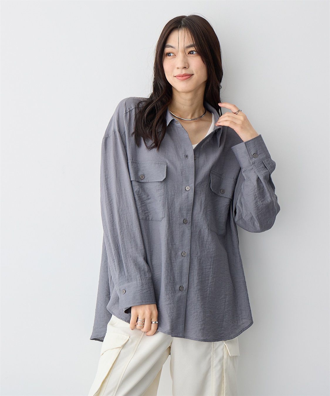 anyfee 【anyfee/プラスサイズ】リネン調ダブルポケットシャツ《接触冷感》■リネンライクシリーズ■_sub_8