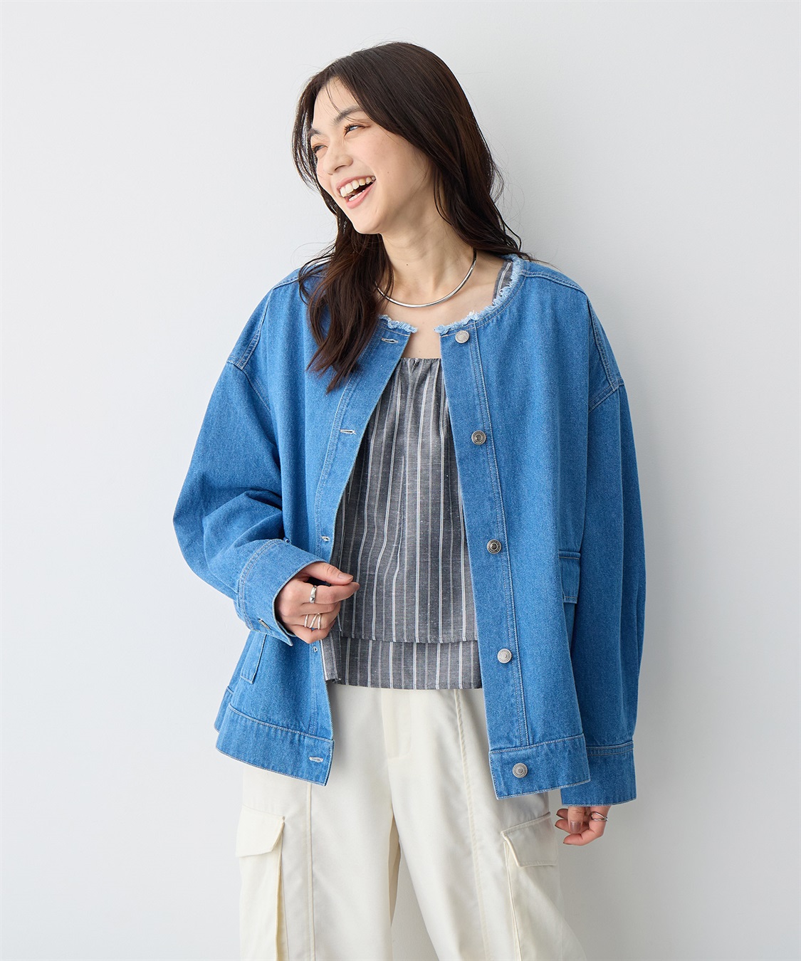 anyfee/プラスサイズ】ノーカラーデニムジャケット anyfee｜クロス