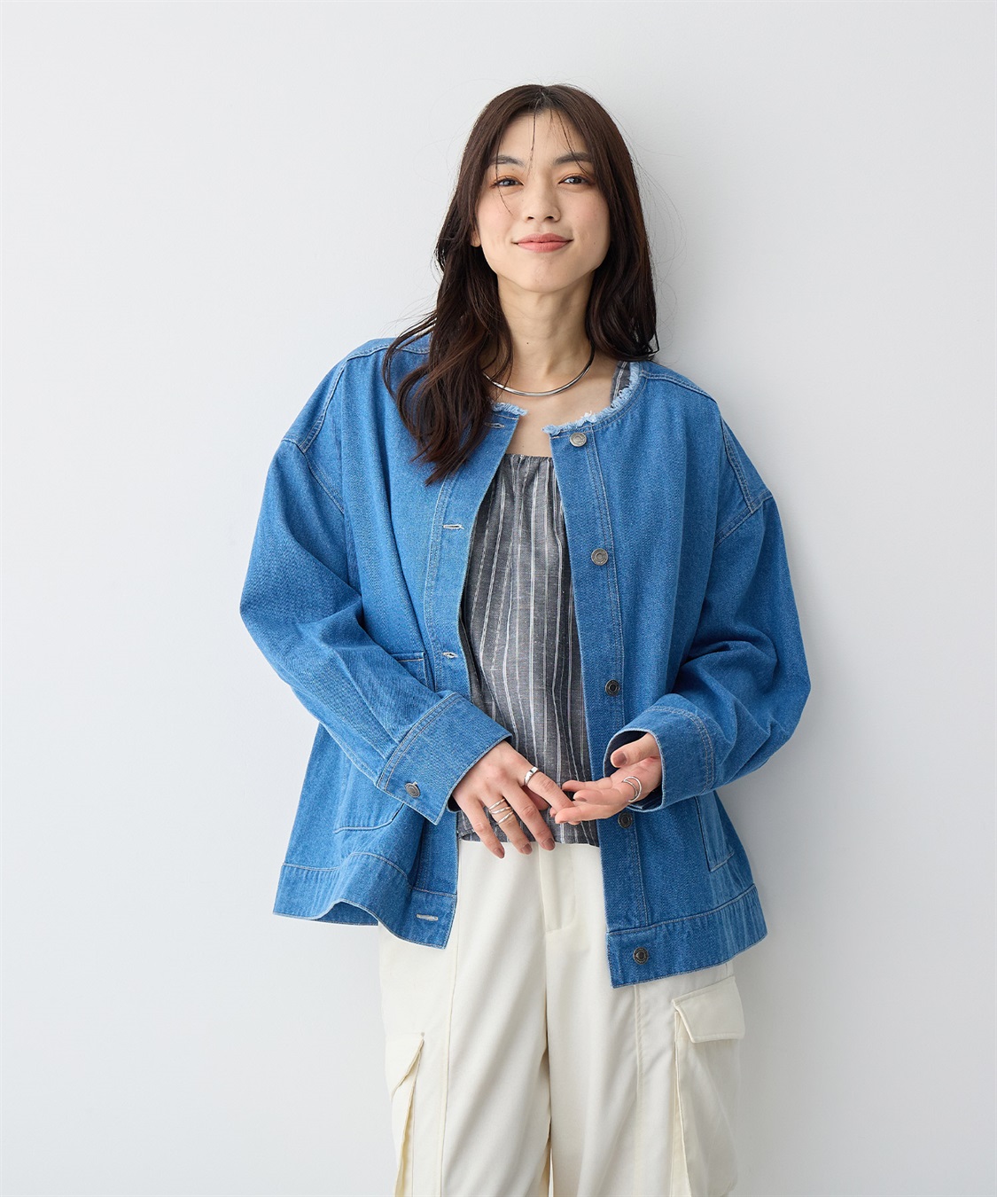 anyfee 【anyfee/プラスサイズ】ノーカラーデニムジャケット_sub_2