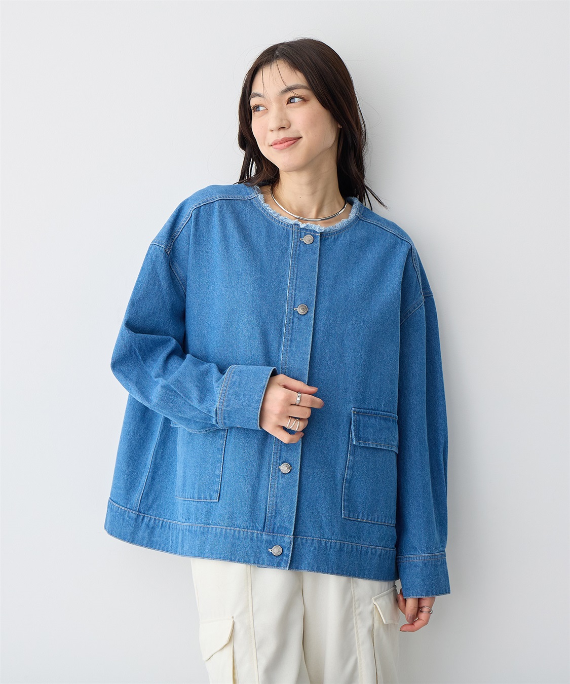anyfee 【anyfee/プラスサイズ】ノーカラーデニムジャケット_sub_3