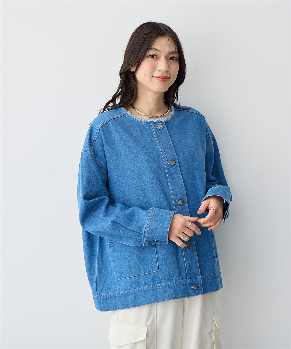 anyfee 【anyfee/プラスサイズ】ノーカラーデニムジャケット_sub_4