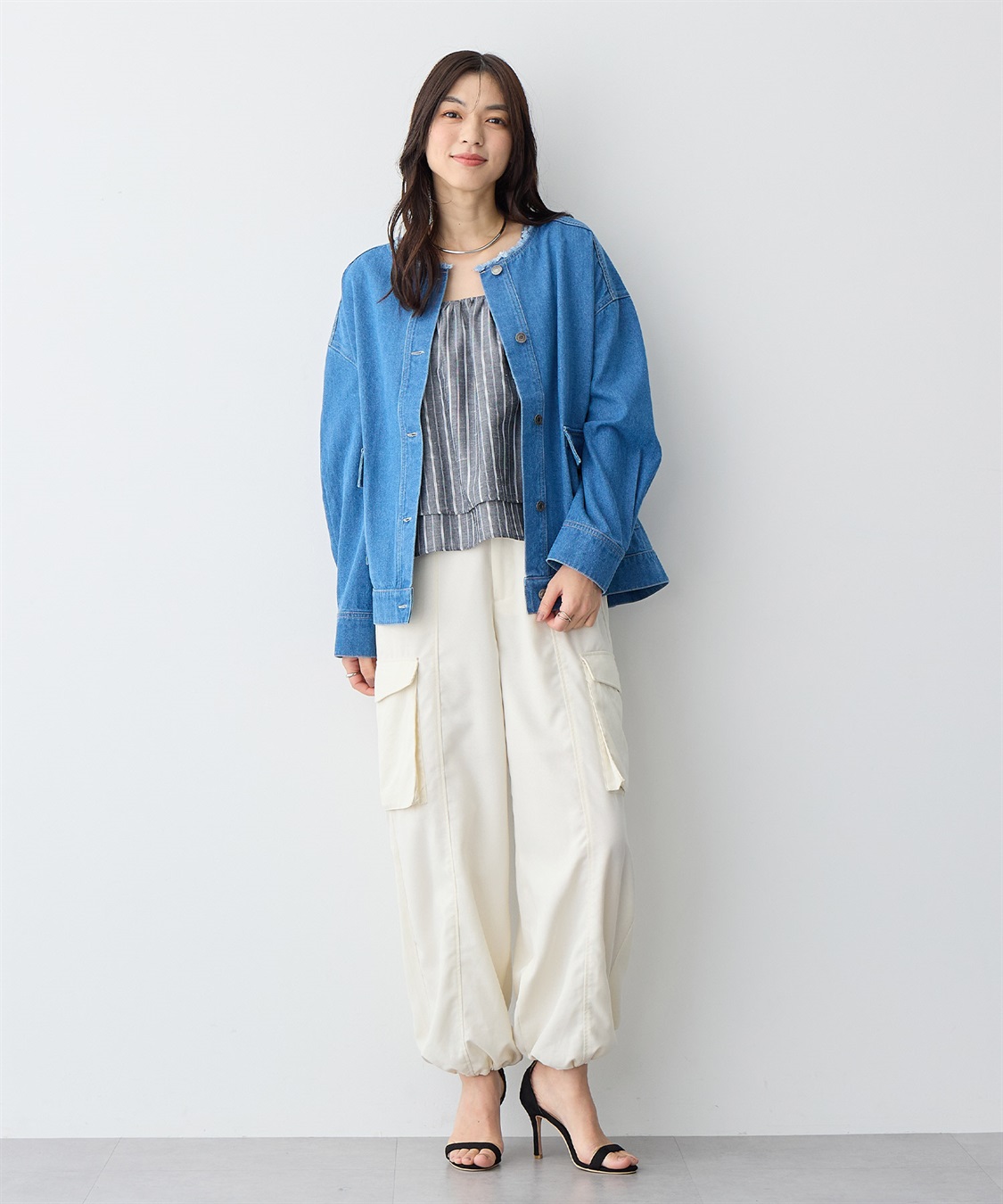 anyfee 【anyfee/プラスサイズ】ノーカラーデニムジャケット_sub_5