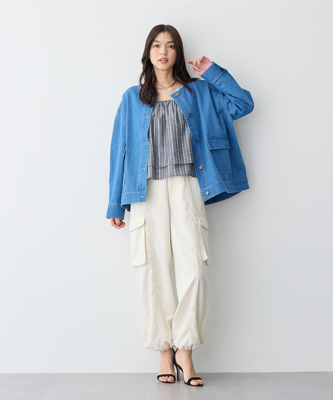 anyfee 【anyfee/プラスサイズ】ノーカラーデニムジャケット_sub_8