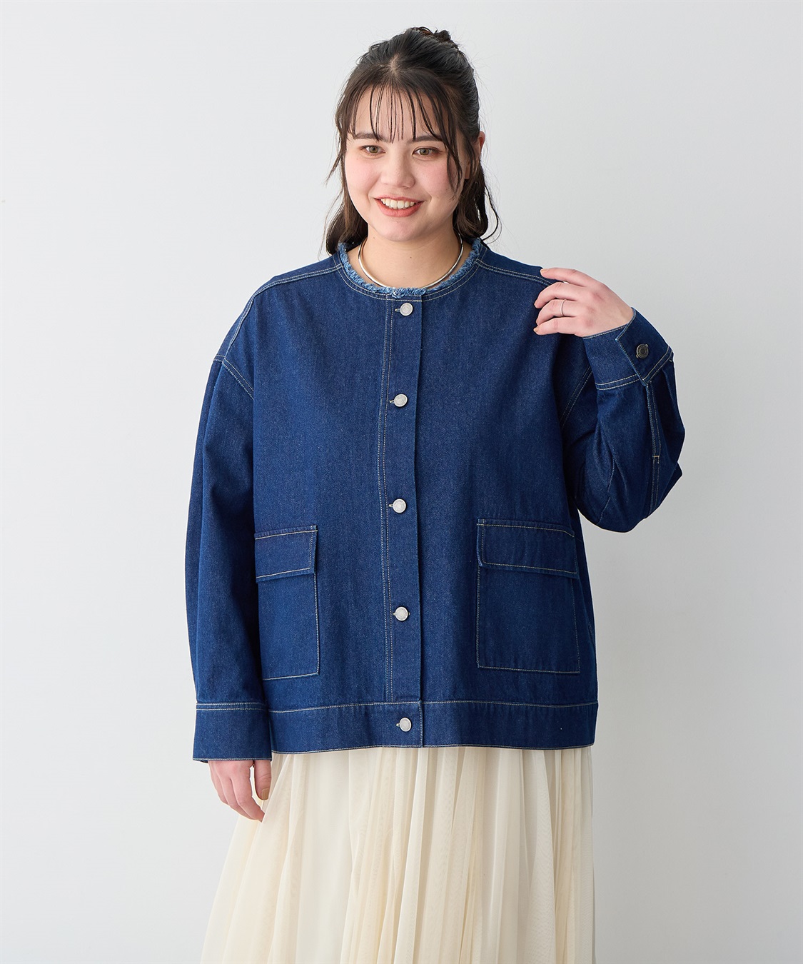 anyfee 【anyfee/プラスサイズ】ノーカラーデニムジャケット_sub_14