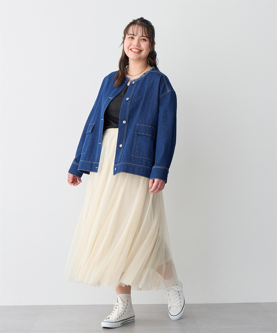 anyfee 【anyfee/プラスサイズ】ノーカラーデニムジャケット_sub_20