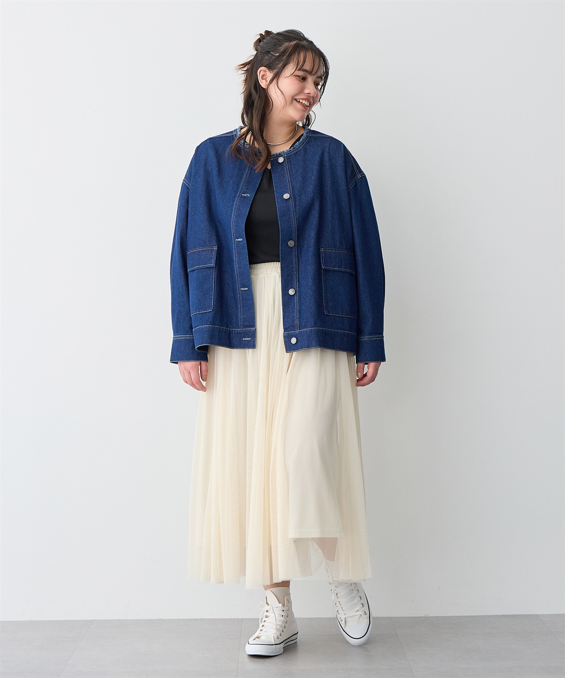 anyfee 【anyfee/プラスサイズ】ノーカラーデニムジャケット_sub_22