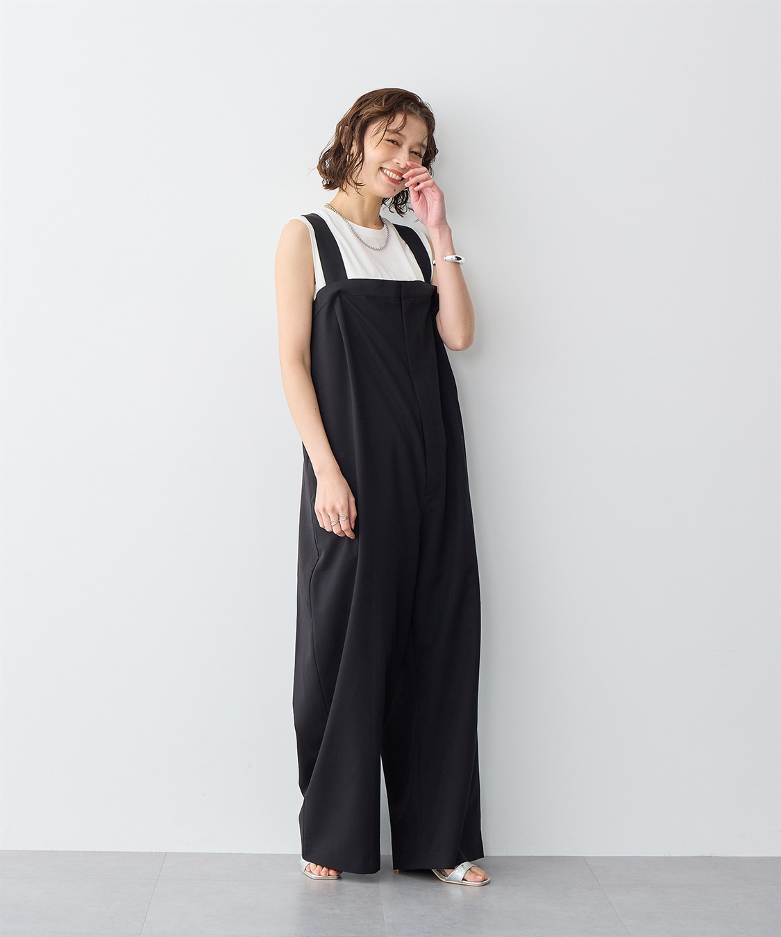 anyfee 【anyfee/プラスサイズ】タック入りワイドサロペット◆低身長向けサイズ有◆《接触冷感/ストレッチ》_sub_10