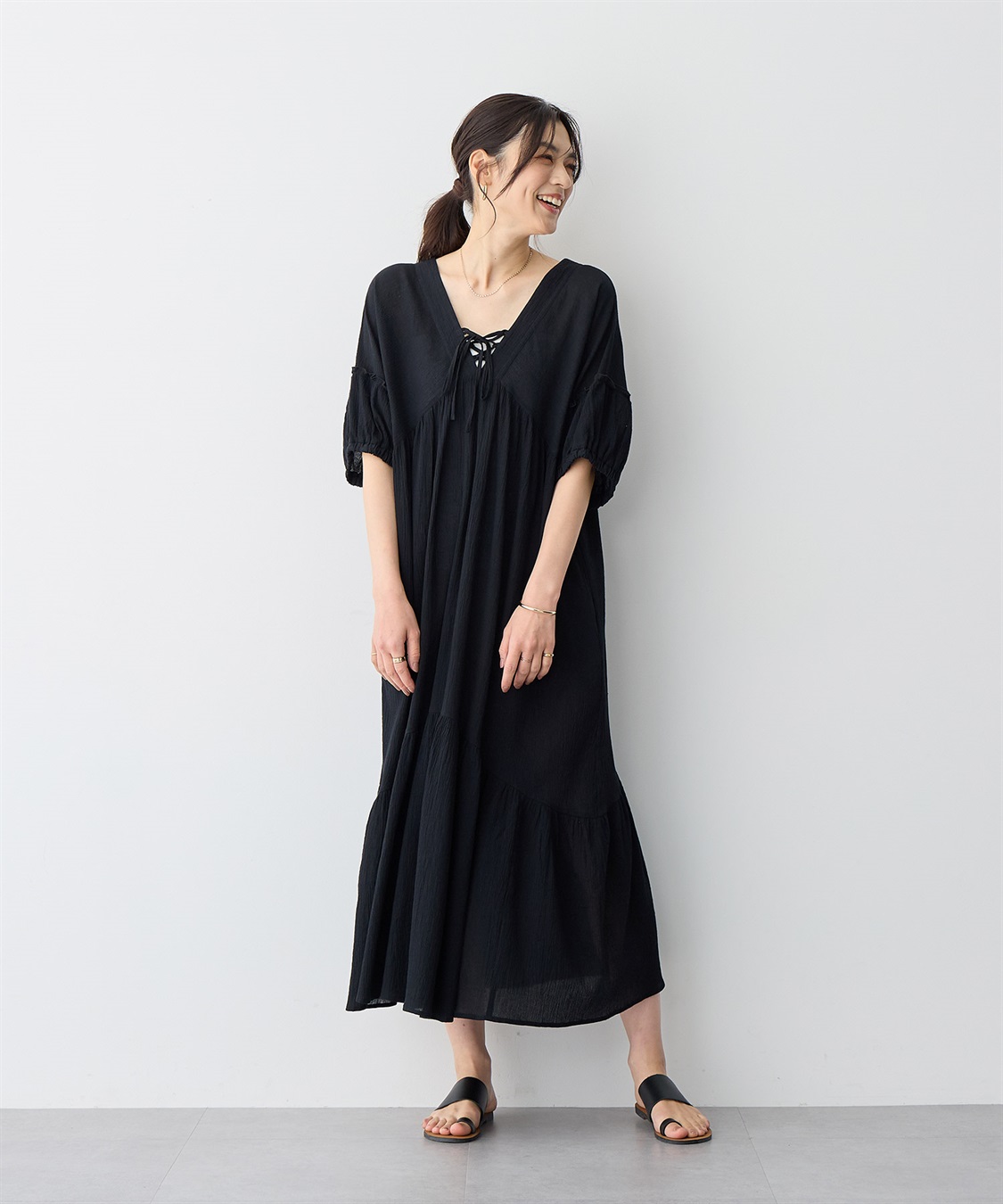 anyfee 【anyfee/プラスサイズ】前後2Wayリンクルコットンティアードワンピース_sub_1