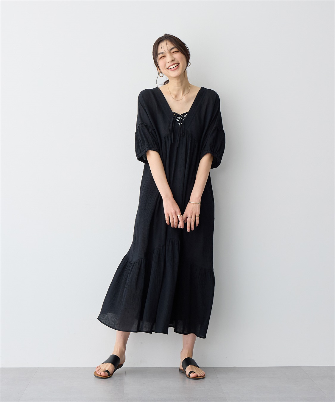 anyfee 【anyfee/プラスサイズ】前後2Wayリンクルコットンティアードワンピース_sub_2