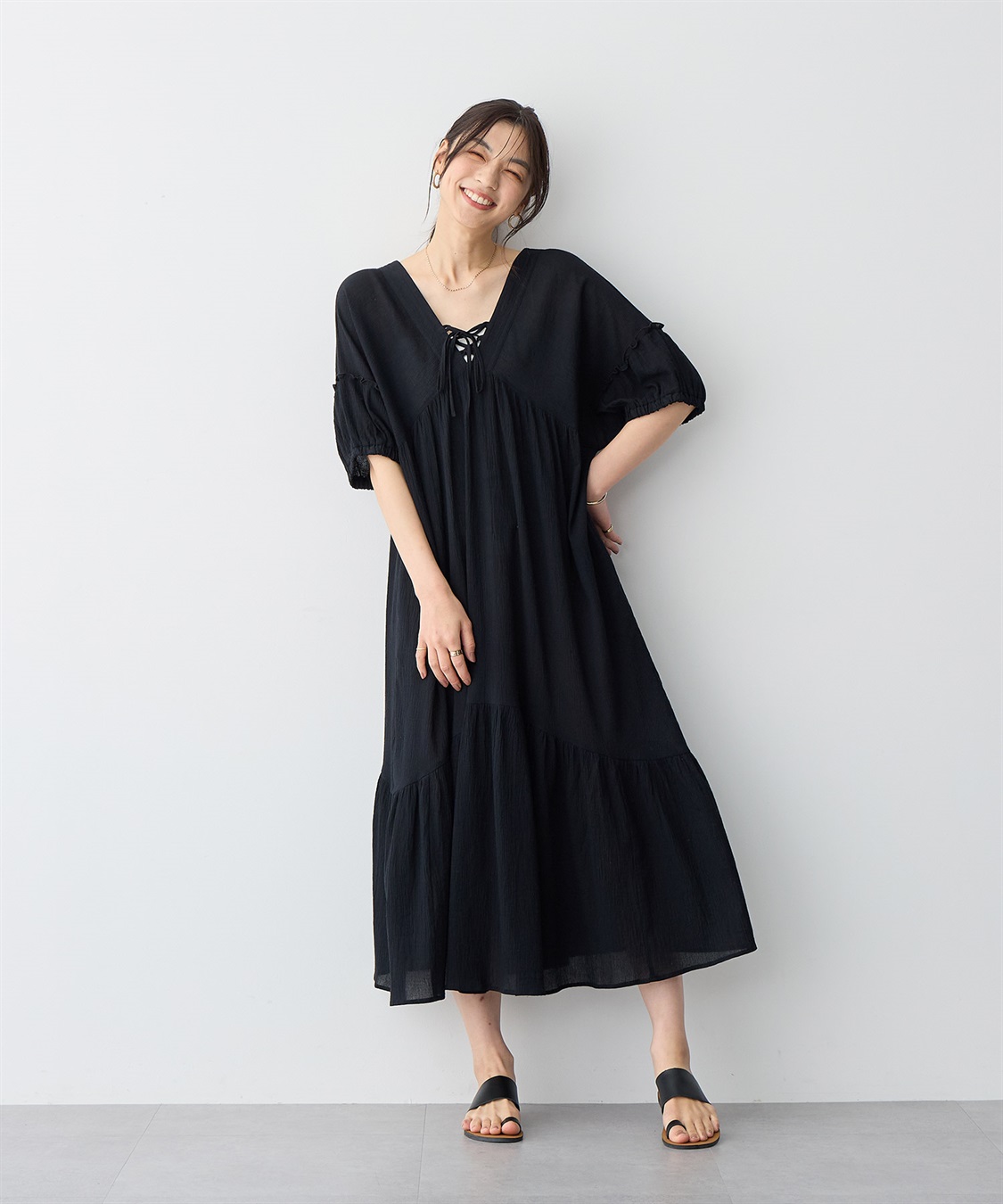 anyfee 【anyfee/プラスサイズ】前後2Wayリンクルコットンティアードワンピース_sub_5