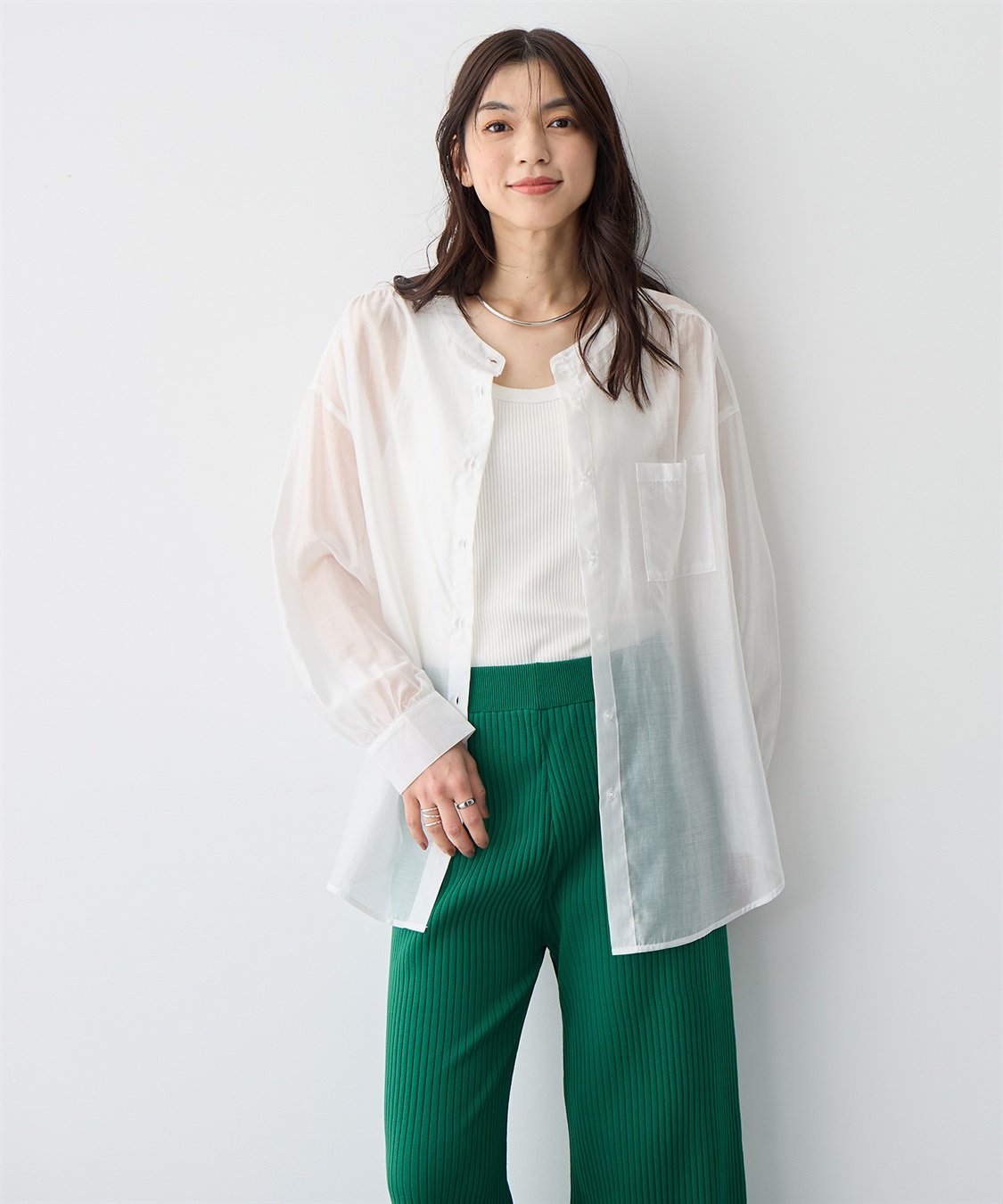 anyfee 【anyfee/プラスサイズ】シアーバンドカラーシャツ_sub_1