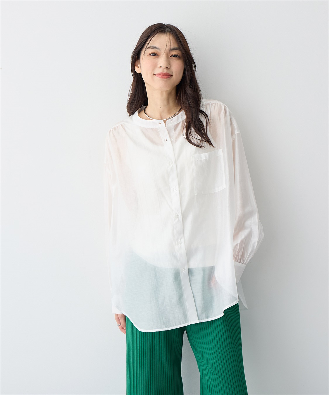 anyfee 【anyfee/プラスサイズ】シアーバンドカラーシャツ_sub_2