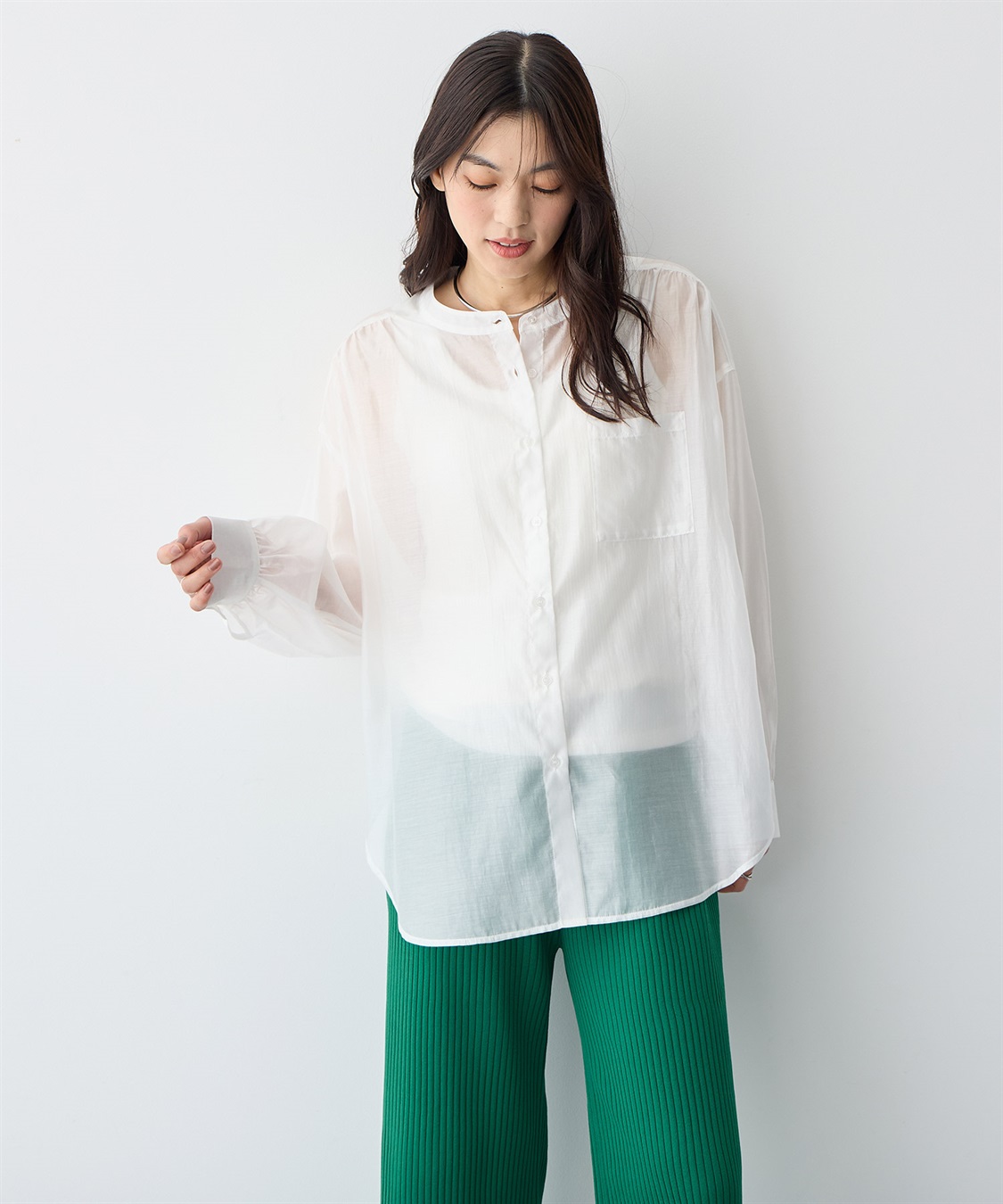 anyfee 【anyfee/プラスサイズ】シアーバンドカラーシャツ_sub_3