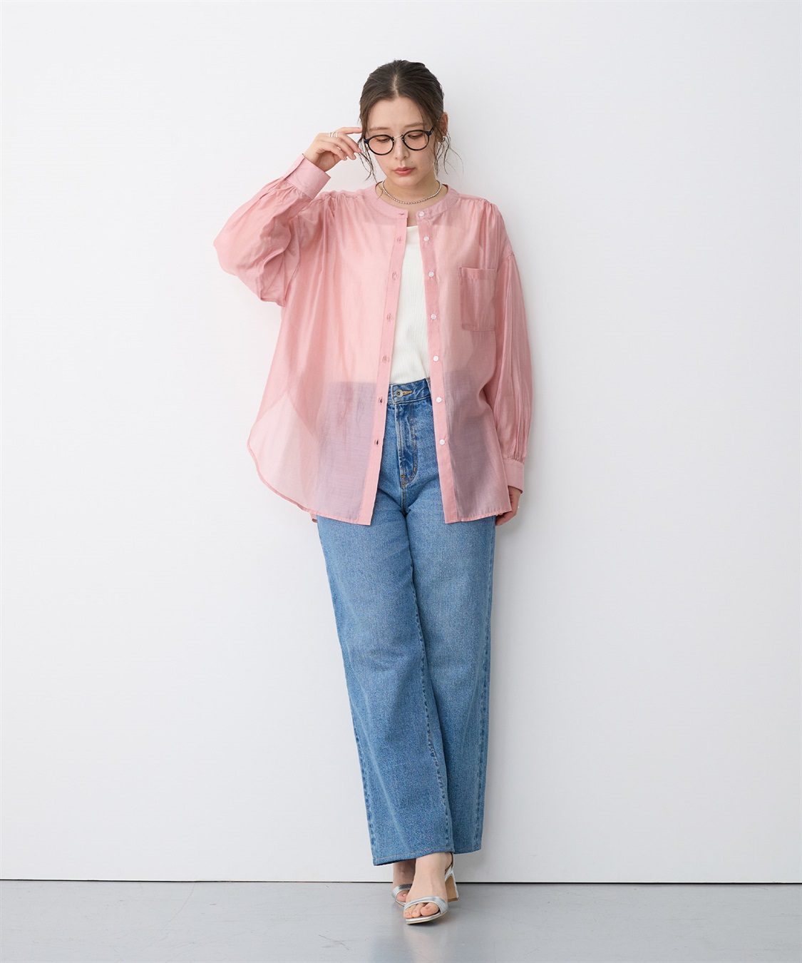 anyfee 【anyfee/プラスサイズ】シアーバンドカラーシャツ_sub_17