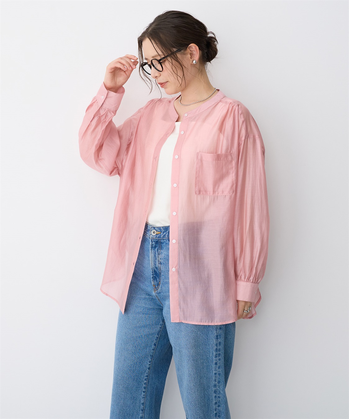 anyfee 【anyfee/プラスサイズ】シアーバンドカラーシャツ_sub_18