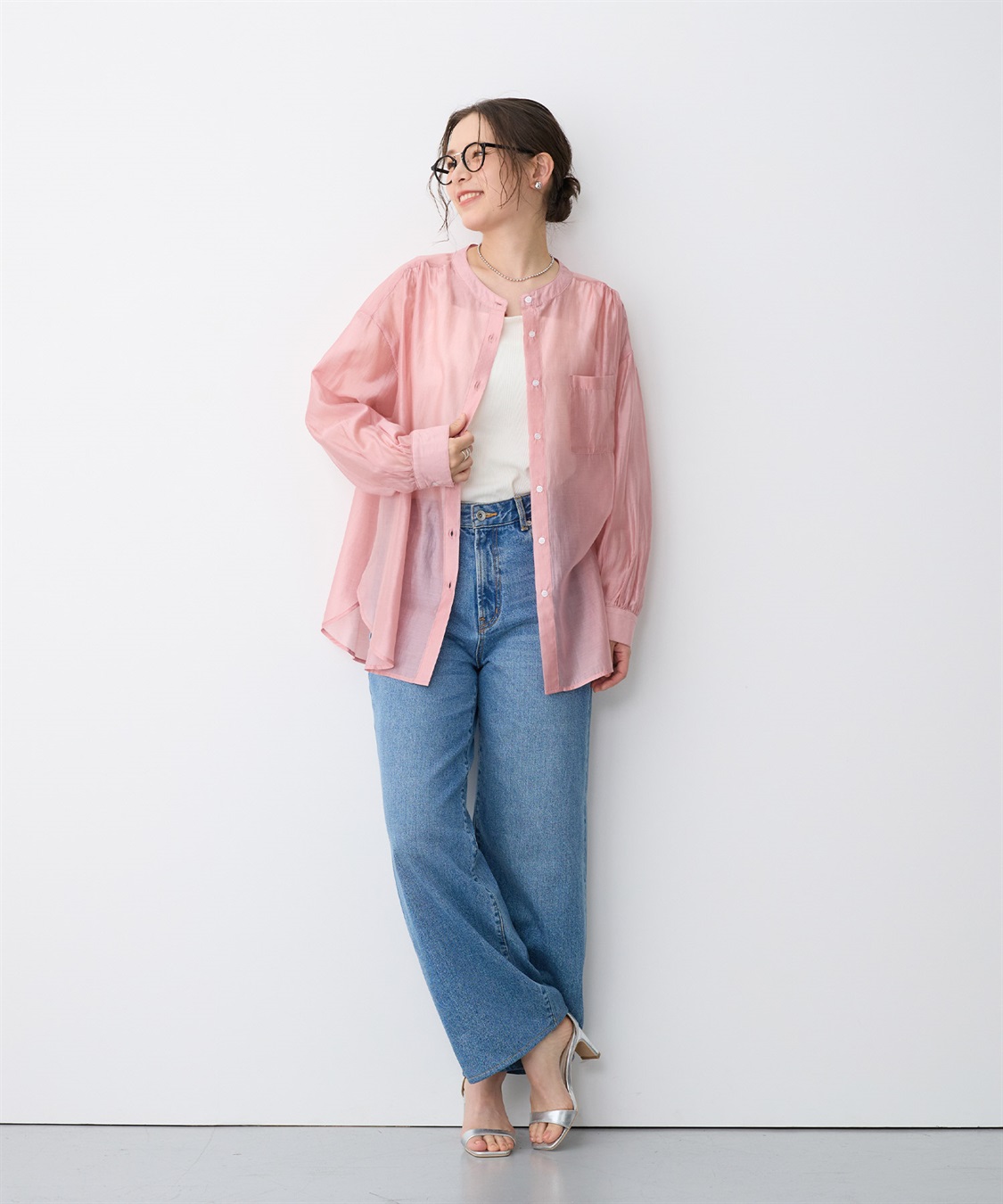 anyfee 【anyfee/プラスサイズ】シアーバンドカラーシャツ_sub_19