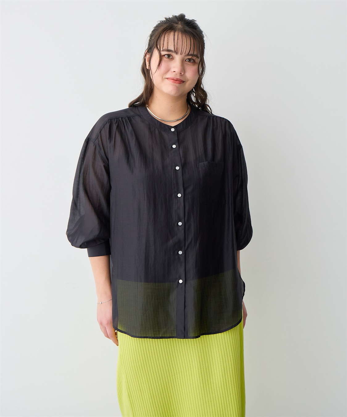 anyfee 【anyfee/プラスサイズ】シアーバンドカラーシャツ_sub_20