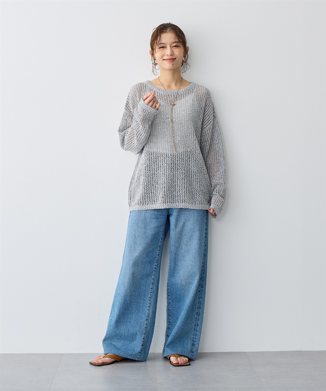 anyfee 【anyfee/プラスサイズ】ブークレヤーン透かし編みルーズニット_sub_1