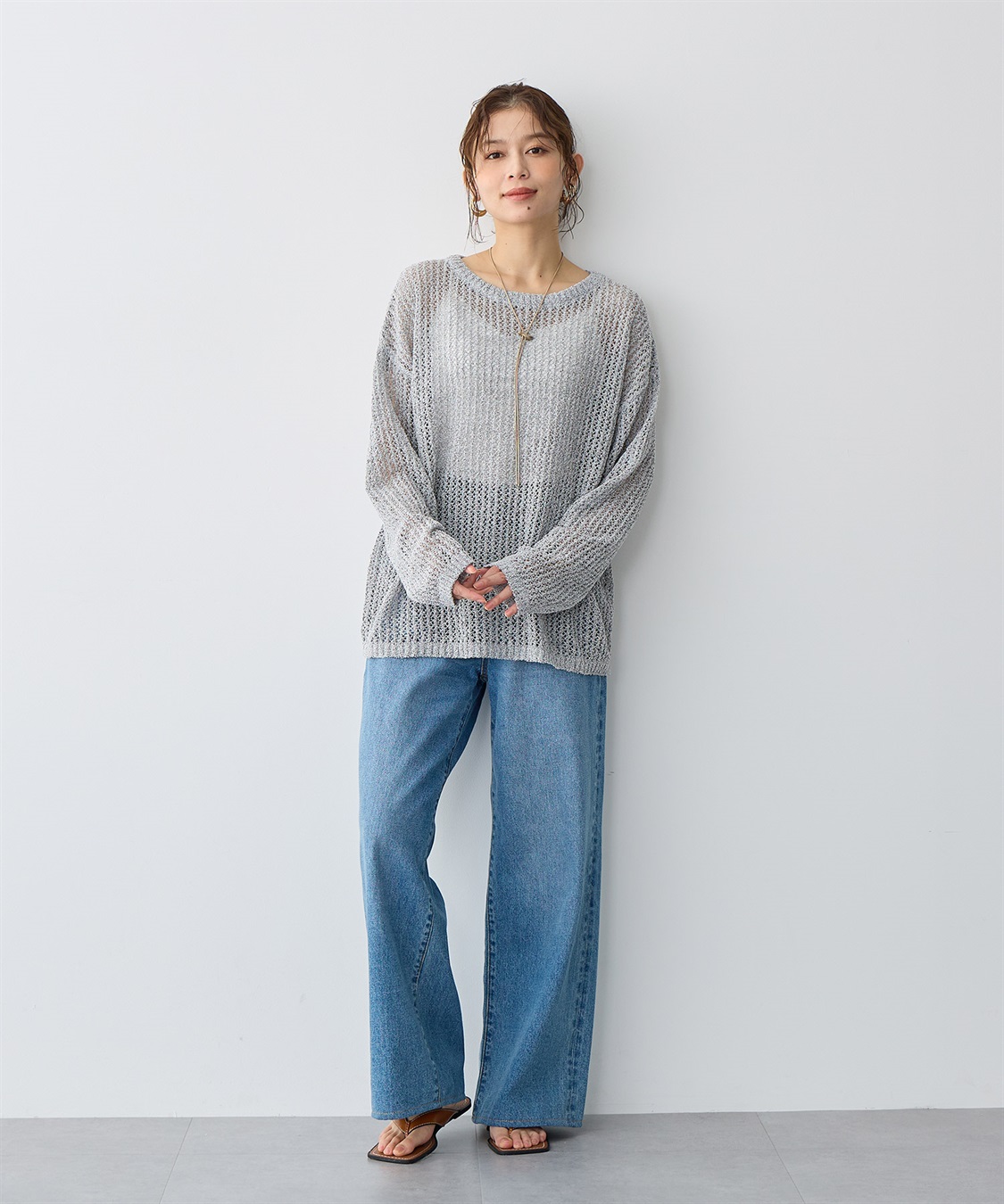 anyfee 【anyfee/プラスサイズ】ブークレヤーン透かし編みルーズニット_sub_2