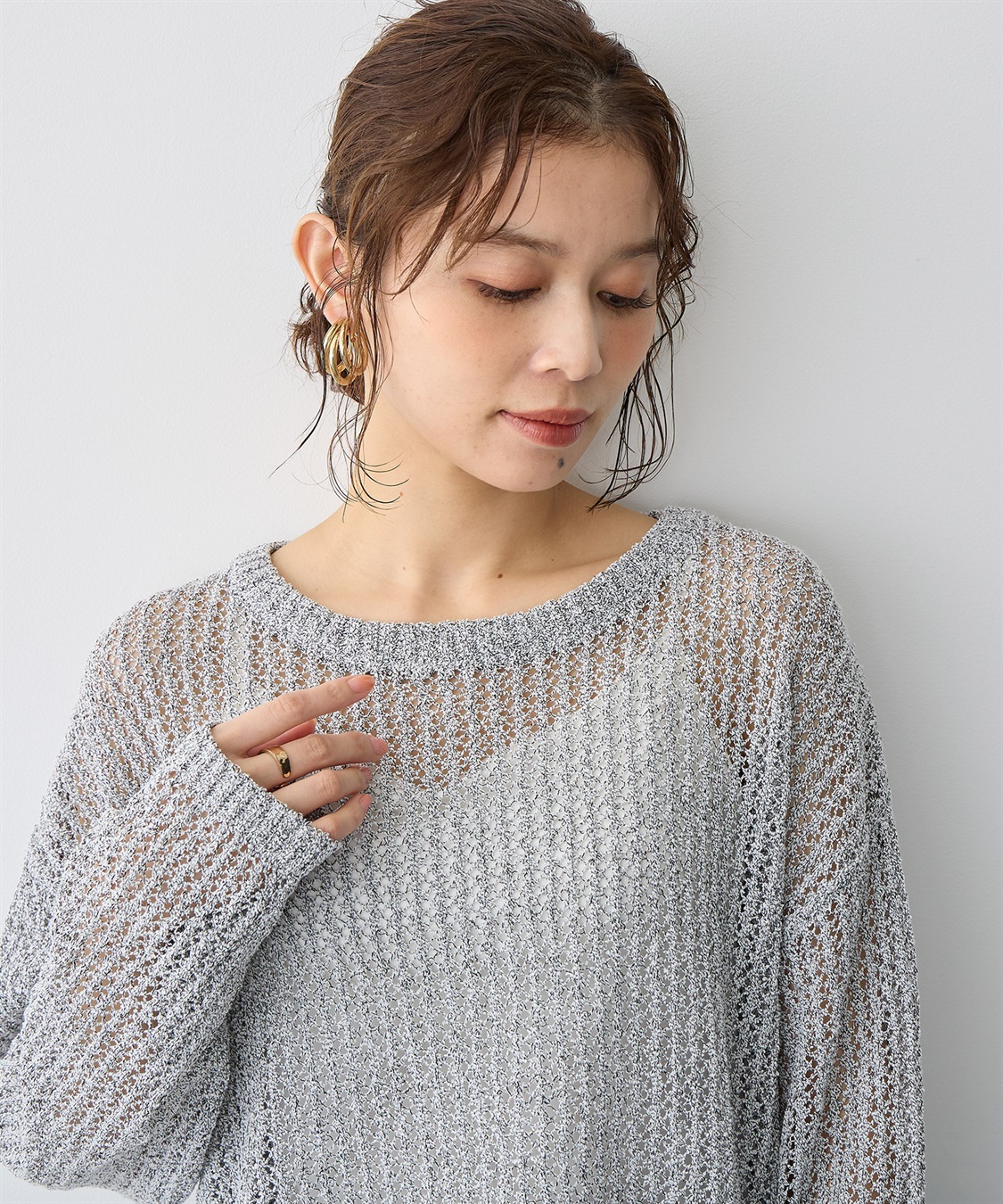 anyfee 【anyfee/プラスサイズ】ブークレヤーン透かし編みルーズニット_sub_10