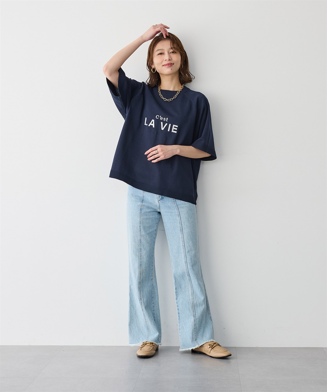 Life Style by cross marche 【anyfee/プラスサイズ】刺繍ロゴ入り半袖ニットトップス_sub_2