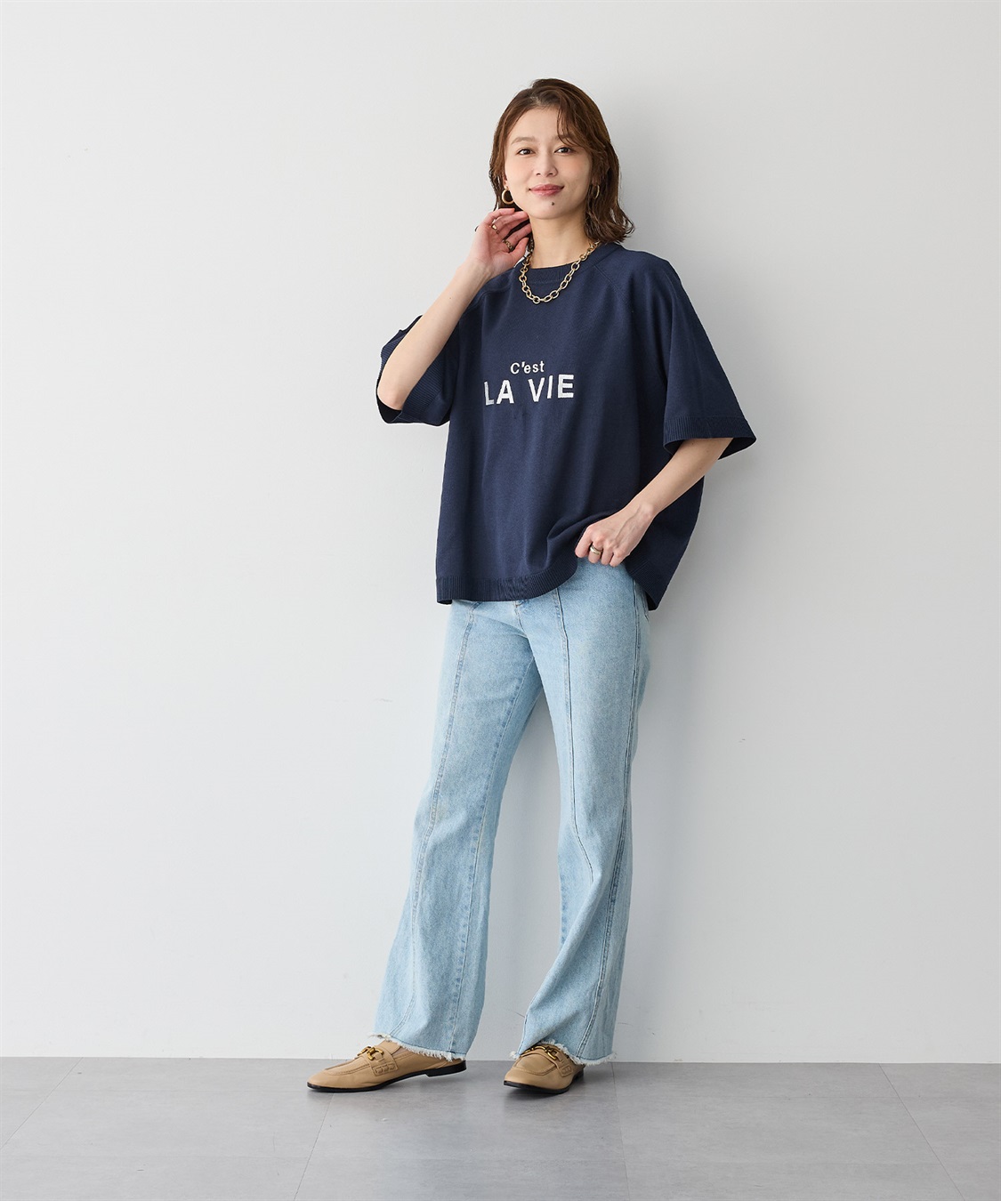 Life Style by cross marche 【anyfee/プラスサイズ】刺繍ロゴ入り半袖ニットトップス_sub_3