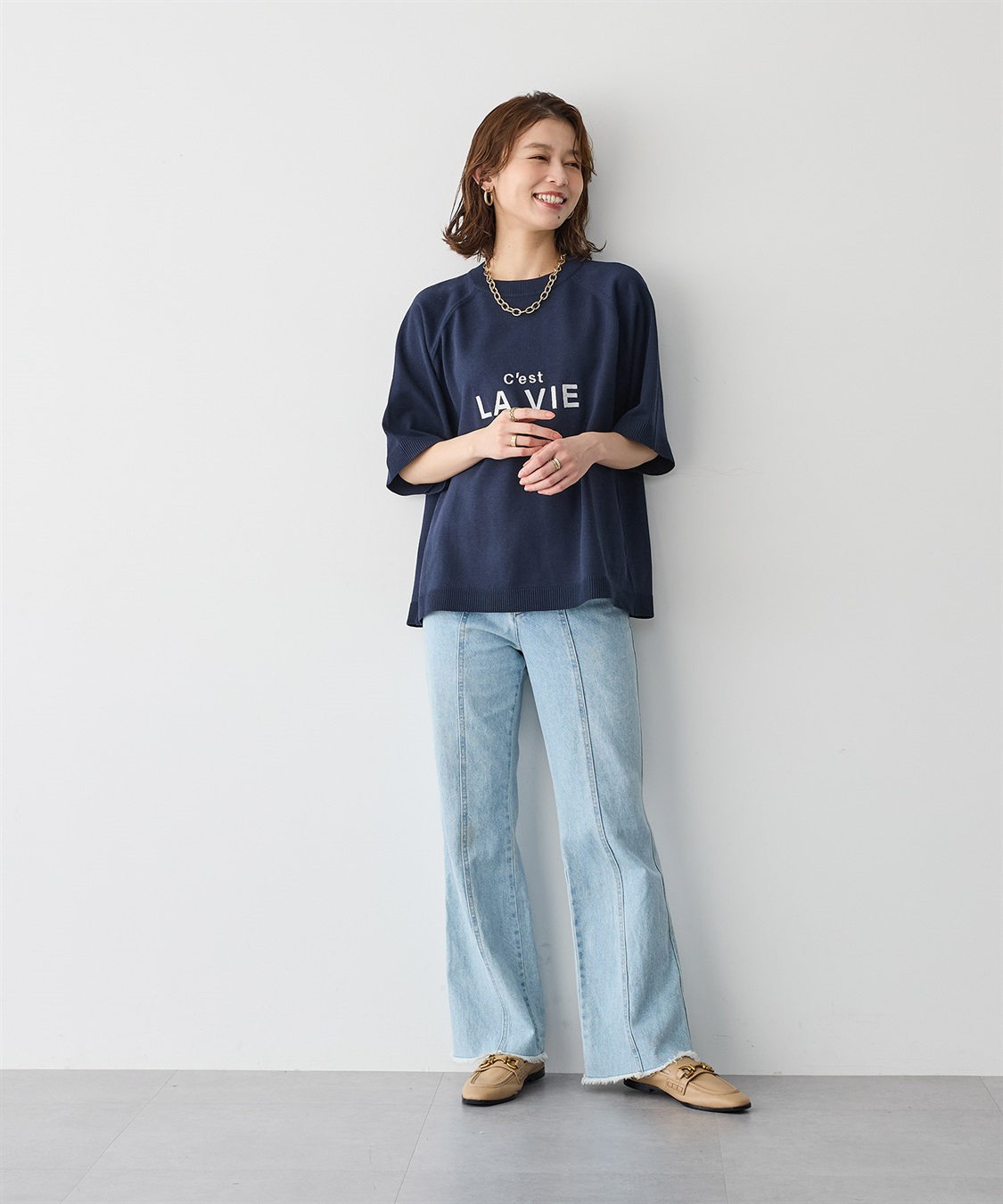 Life Style by cross marche 【anyfee/プラスサイズ】刺繍ロゴ入り半袖ニットトップス_sub_4