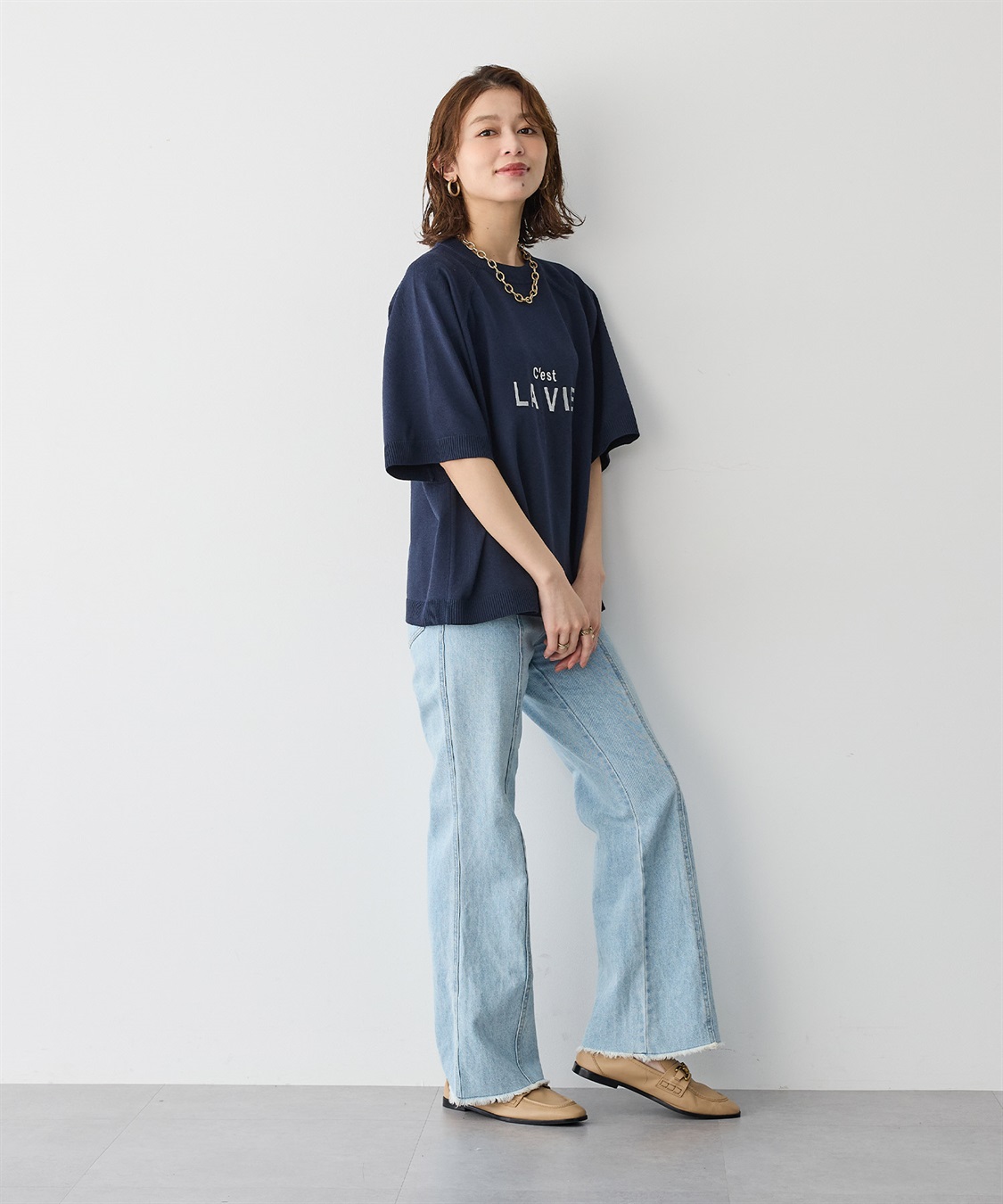 Life Style by cross marche 【anyfee/プラスサイズ】刺繍ロゴ入り半袖ニットトップス_sub_5