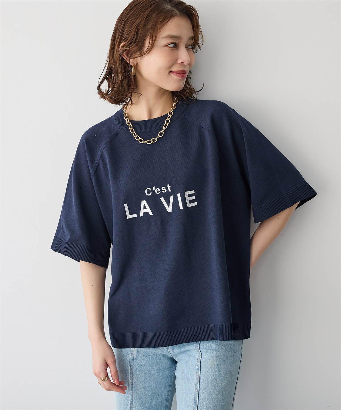 Life Style by cross marche 【anyfee/プラスサイズ】刺繍ロゴ入り半袖ニットトップス_sub_8