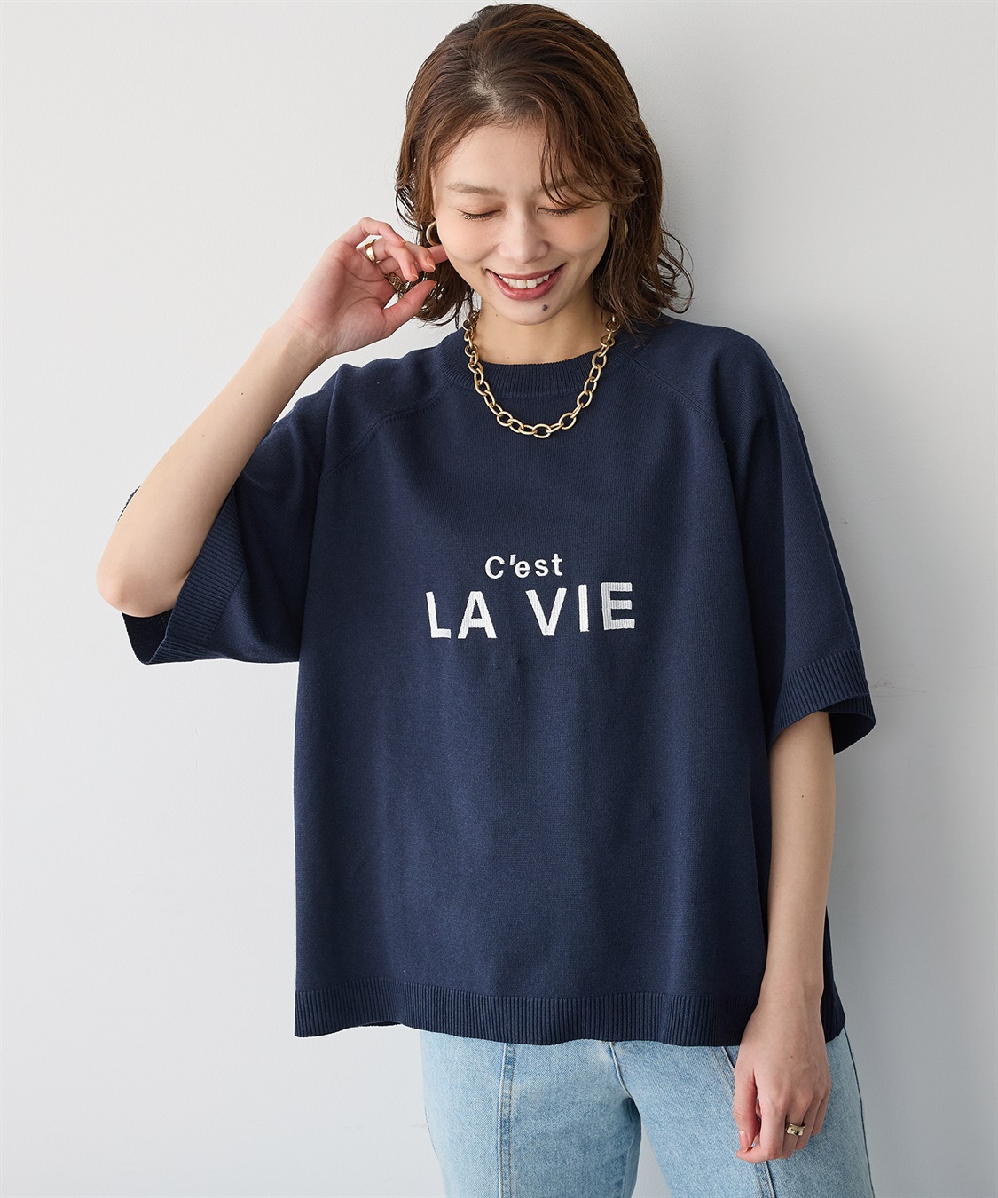 Life Style by cross marche 【anyfee/プラスサイズ】刺繍ロゴ入り半袖ニットトップス_sub_9