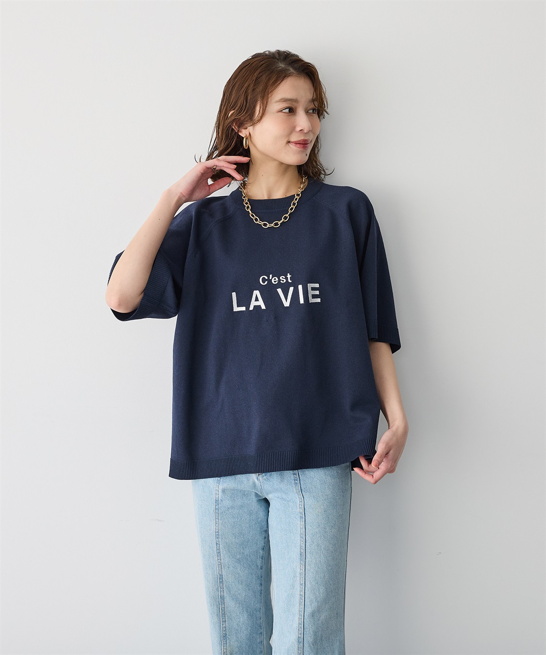 Life Style by cross marche 【anyfee/プラスサイズ】刺繍ロゴ入り半袖ニットトップス_sub_10