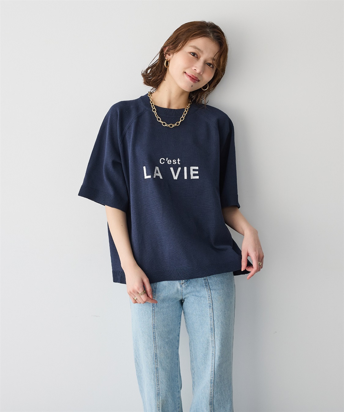 Life Style by cross marche 【anyfee/プラスサイズ】刺繍ロゴ入り半袖ニットトップス_sub_11