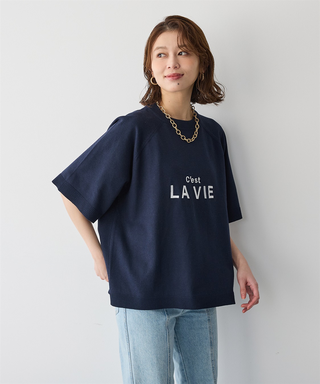 Life Style by cross marche 【anyfee/プラスサイズ】刺繍ロゴ入り半袖ニットトップス_sub_12