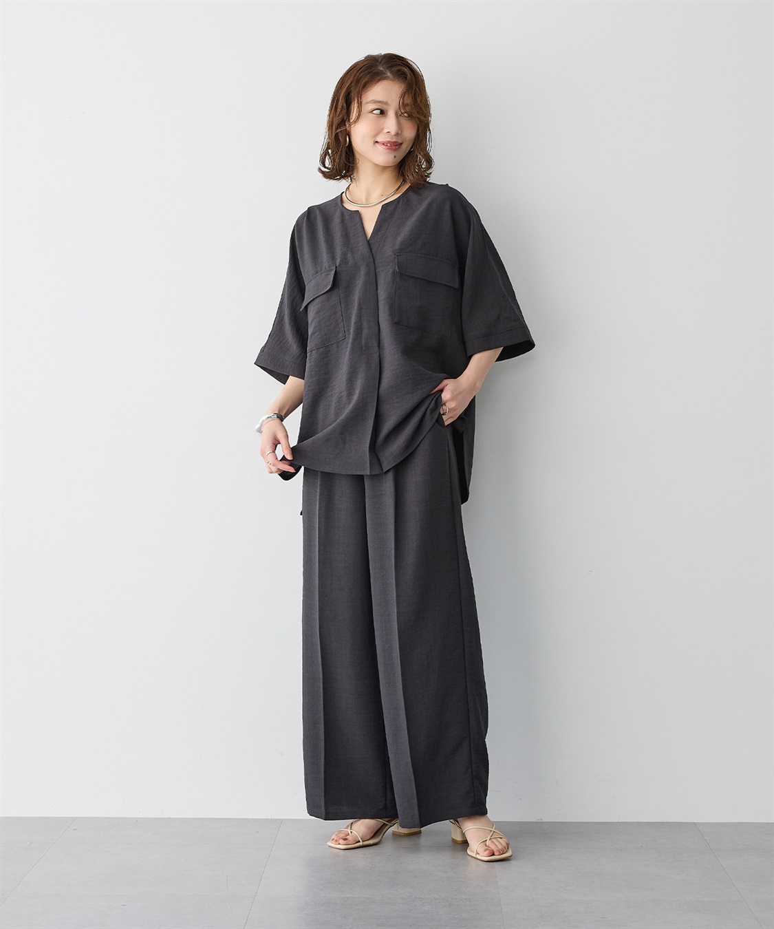 anyfee 【anyfee/プラスサイズ】リネン調すっきりドルマンスリーブサファリシャツ《セットアップ対応/上下別売り》■リネンライクシリーズ■_sub_4