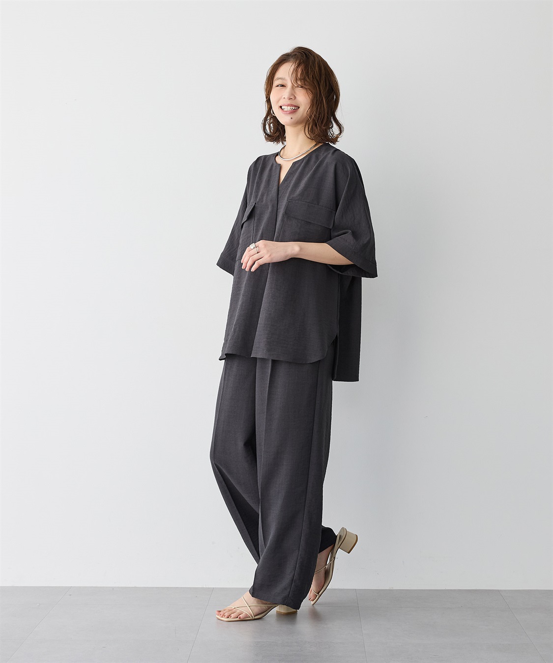 anyfee 【anyfee/プラスサイズ】リネン調すっきりドルマンスリーブサファリシャツ《セットアップ対応/上下別売り》■リネンライクシリーズ■_sub_5