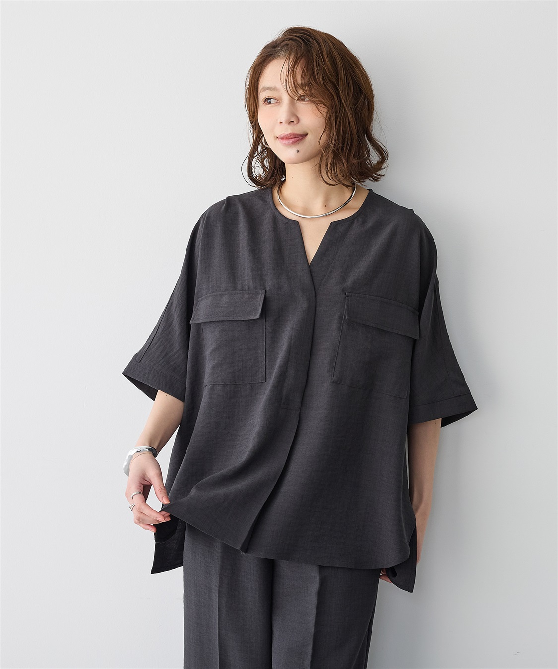 anyfee 【anyfee/プラスサイズ】リネン調すっきりドルマンスリーブサファリシャツ《セットアップ対応/上下別売り》■リネンライクシリーズ■_sub_7