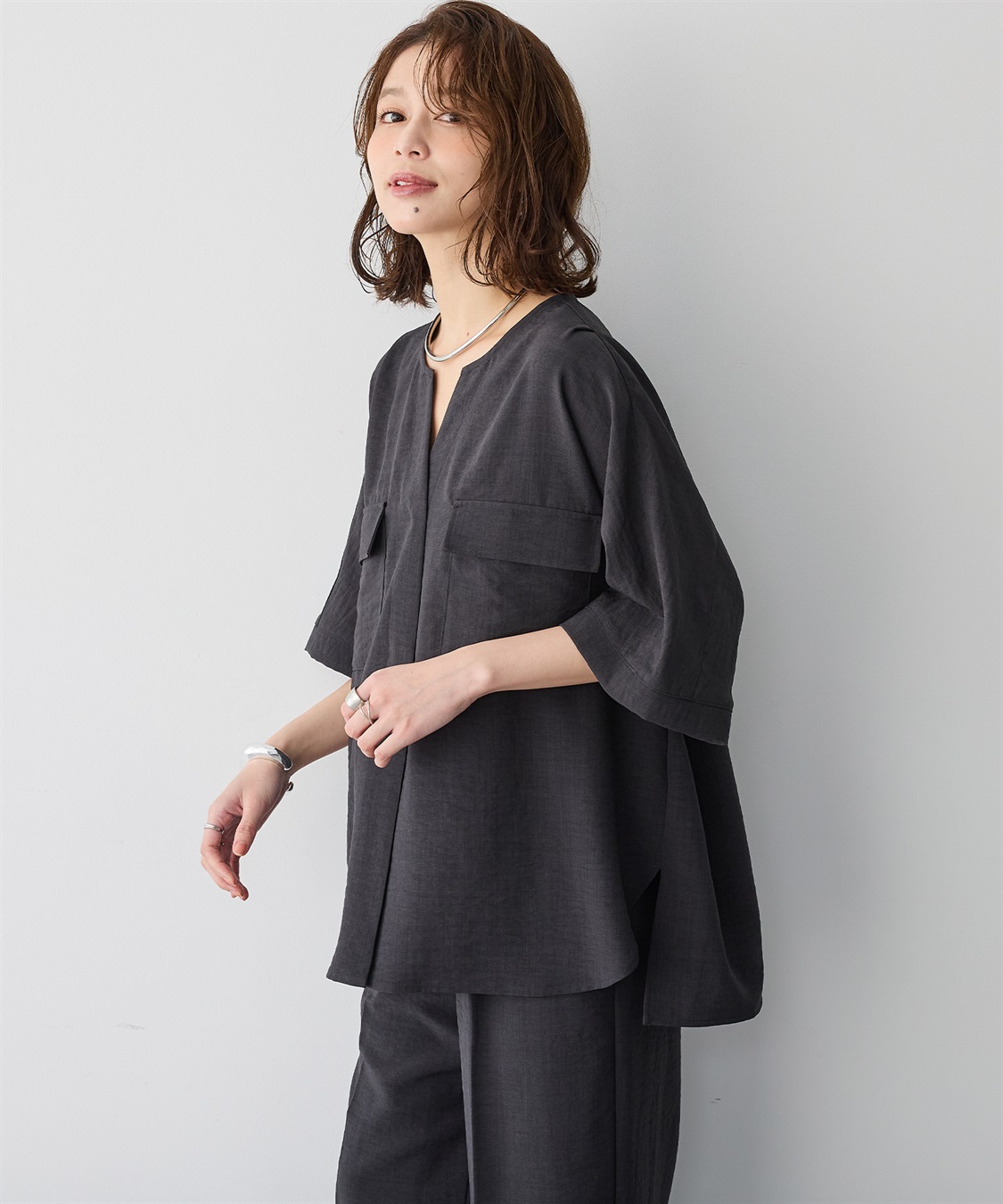 anyfee 【anyfee/プラスサイズ】リネン調すっきりドルマンスリーブサファリシャツ《セットアップ対応/上下別売り》■リネンライクシリーズ■_sub_8