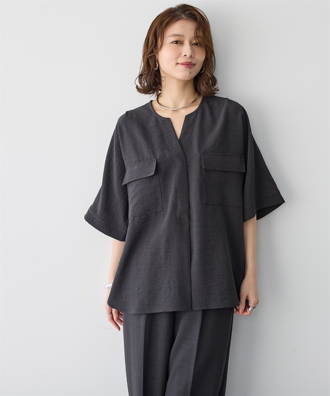 anyfee 【anyfee/プラスサイズ】リネン調すっきりドルマンスリーブサファリシャツ《セットアップ対応/上下別売り》■リネンライクシリーズ■_sub_10