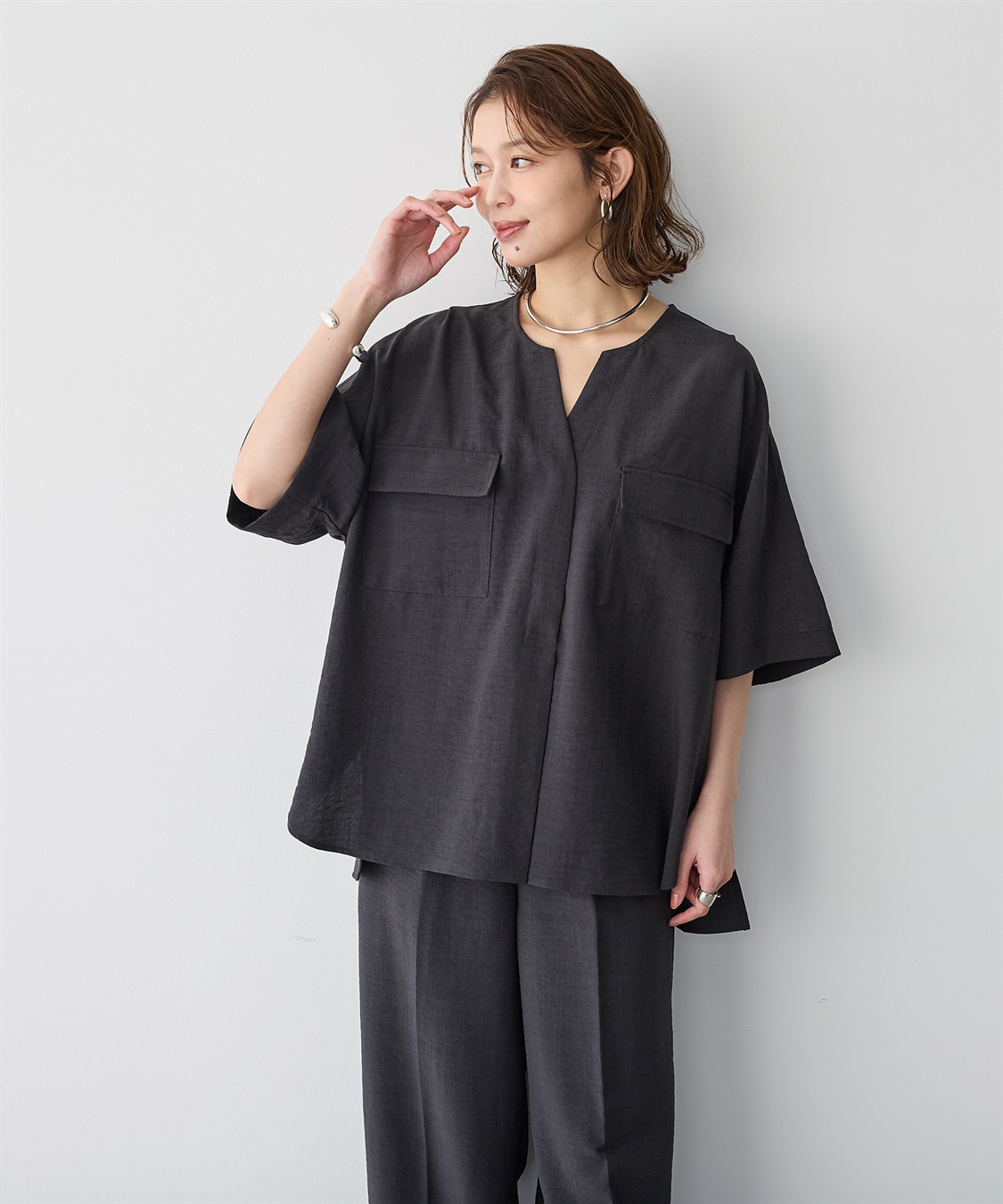 anyfee 【anyfee/プラスサイズ】リネン調すっきりドルマンスリーブサファリシャツ《セットアップ対応/上下別売り》■リネンライクシリーズ■_sub_11